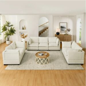 3-Piece Chenille Fabric Upholstered Living Room Furniture Set, Including 3-Seater Sofa AndV2 Loveseat Sofa With Seat And Back Cushion Beige White