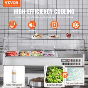 VEVOR Refrigerated Condiment Prep Station, 135 W Countertop Refrigerated Condiment Station, 304 Stainless Body And PC Lid, Sandwich Prep Table With Glass Guard, ETL
